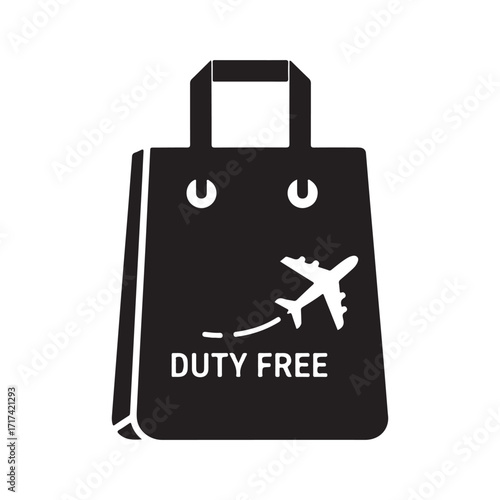 Monochrome Flat Vector Shopping Bag Icon with Airplane and Duty Free Text