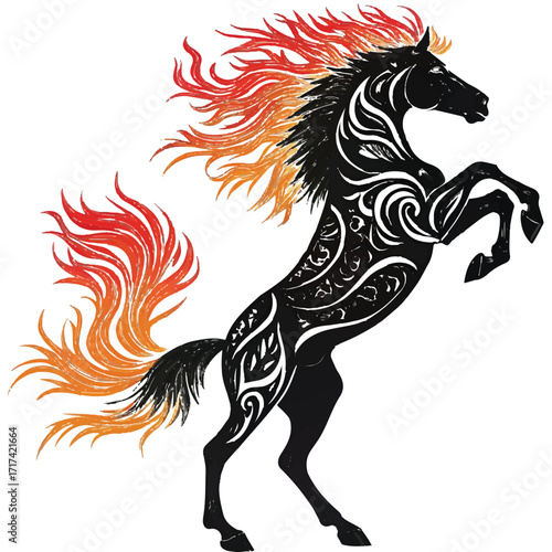 A fiery horse rears up, its mane ablaze with vibrant colors, embodying strength and passion isolated on white background