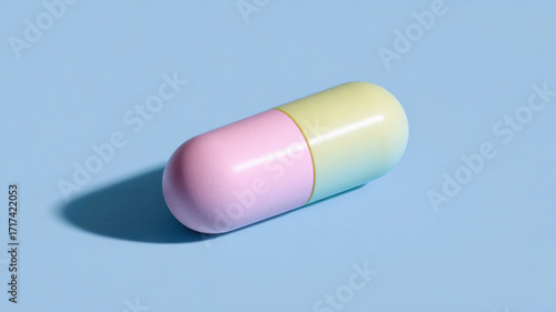 A close-up shot of a colorful pill isolated on a blue backdrop, casting a subtle shadow. The capsule is comprised of two sections of gradient colors.