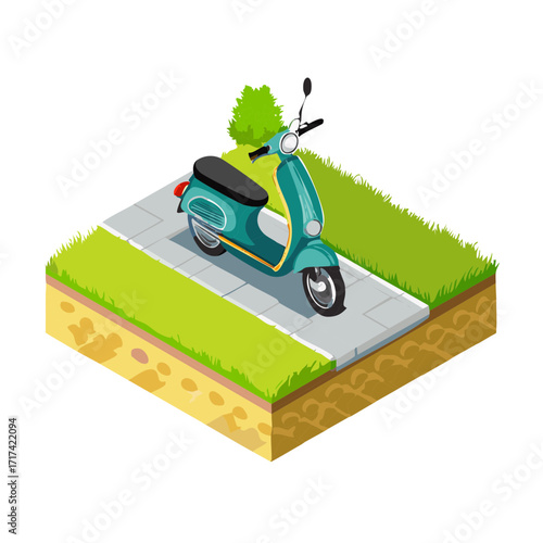 Isometric vintage style teal scooter parked on a city sidewalk with green grass and a small bush illustration