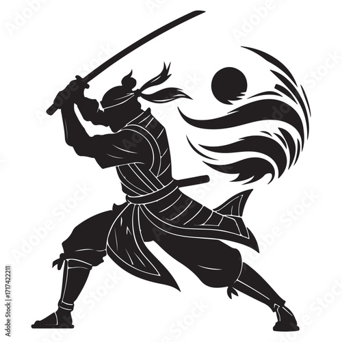 A skilled ninja warrior prepares to strike with katana, embodying precision and discipline isolated on white background