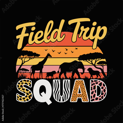 Dynamic graphic design celebrating group excursions and educational outdoor adventures, featuring diverse savanna animal silhouettes under a beautiful, colorful sunset