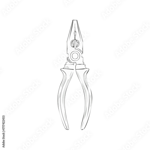Detailed line drawing of long nose pliers tool for precise gripping and wire bending isolated on white background