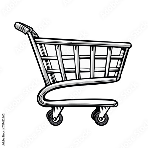 Classic Metal Shopping Cart with Wheels and Handle in Grayscale Outline Style