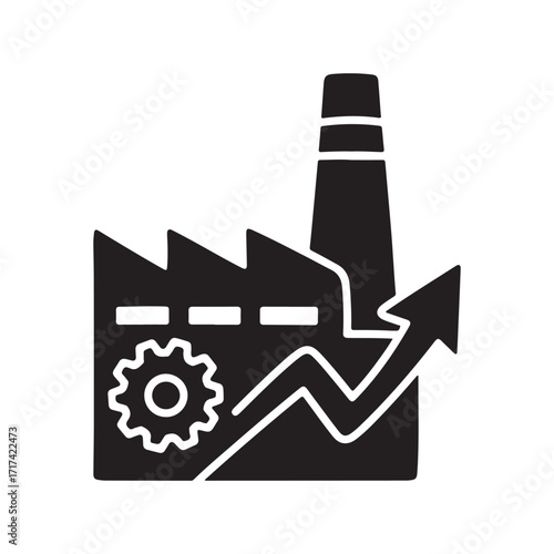 Stylized Black Factory Icon with Gear and Upward Growth Arrow