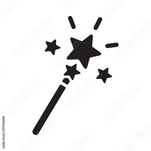 Flat Vector Magic Wand Icon with Stars and Sparkles on White Background