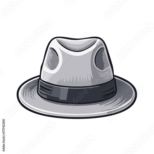 Stylish Gray Fedora with Dark Band: Classic Headwear Icon in Illustration Style