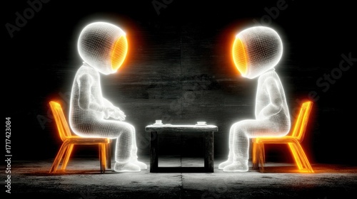 Two glowing figures sit across from each other, playing a game in a dim environment