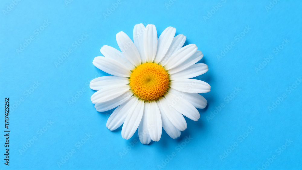 Obraz premium A single white daisy with a yellow center on a solid blue background