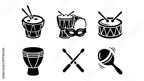 Monochrome Flat Vector Icons of Percussion Instruments and Carnival Mask Collection