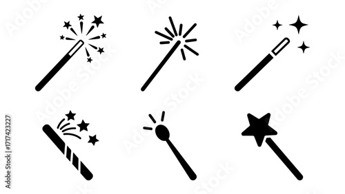 Flat Design Magic Wand Icon Set with Sparkle Effects and Stars