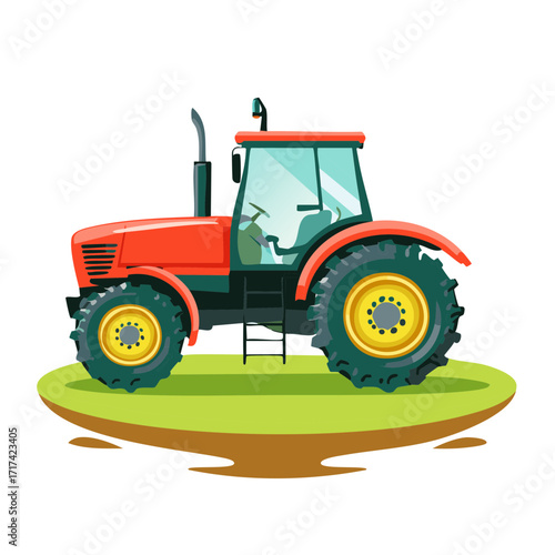 Red farm tractor with large wheels on a grassy field illustration