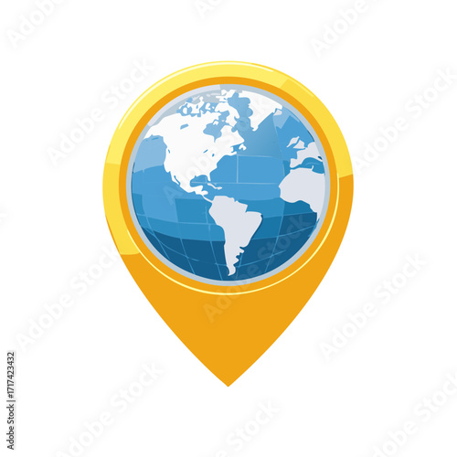 World globe map marker pin in yellow and blue shades, representing global positioning and worldwide destinations for travel and tourism