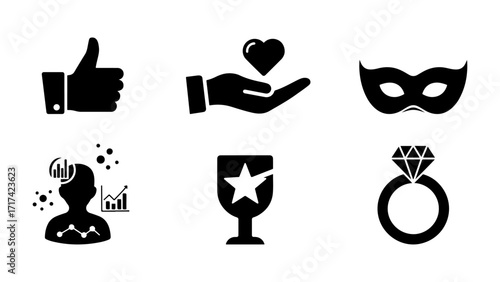 Monochromatic Flat Vector Icon Set Featuring Social Engagement, Compassion, Mystery, Data Analytics, Broken Achievement, and Jewelry