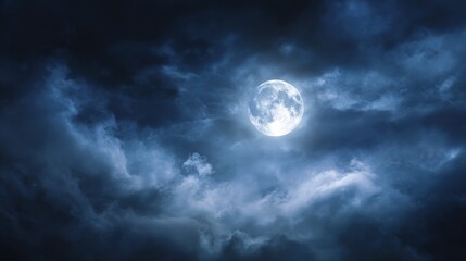 full moon illuminating a dark cloudy night sky with dense blue fog halloween background  nighttime ambiance lunar light concept gothic aesthetic eerie atmosphere