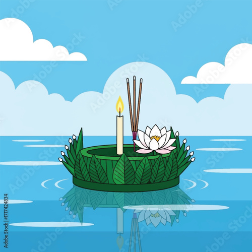 A beautifully decorated krathong floating on calm water with a lit candle and incense sticks, symbolizing a Thai festival.