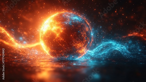 Bright flames swirl around a glowing orb while icy waves flow elegantly, creating magic