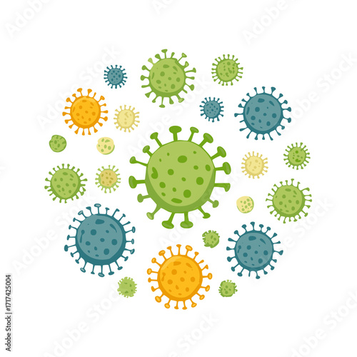 Colorful illustration of multiple virus cells