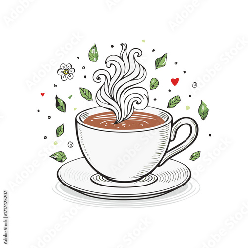 Coffee Cup with Steam and Decorative Leaves and Flowers Illustration