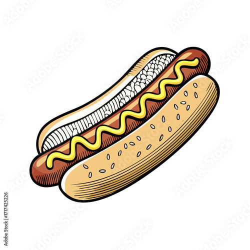Hot dog illustration with mustard and detailed bun design, a fast food meal concept with sesame seeds.