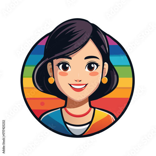 Cartoon style illustration of a smiling woman inside a colorful rainbow circle