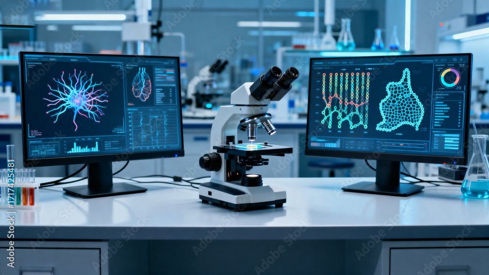 Naklejka premium Modern laboratory setup with dual monitors displaying neural and molecular data alongside a microscope.