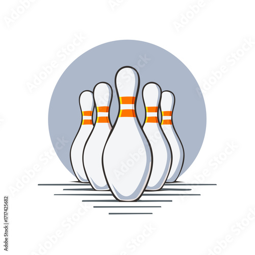 Five bowling pins standing in formation ready for the next strike, bowling sport equipment