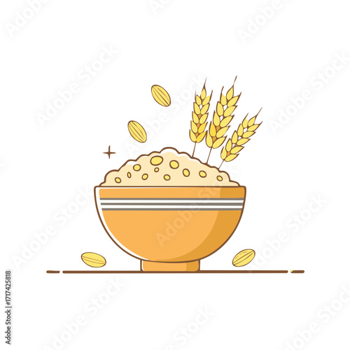 Oatmeal Bowl with Wheat Ears: Simple Food Illustration for Healthy Breakfast Concepts
