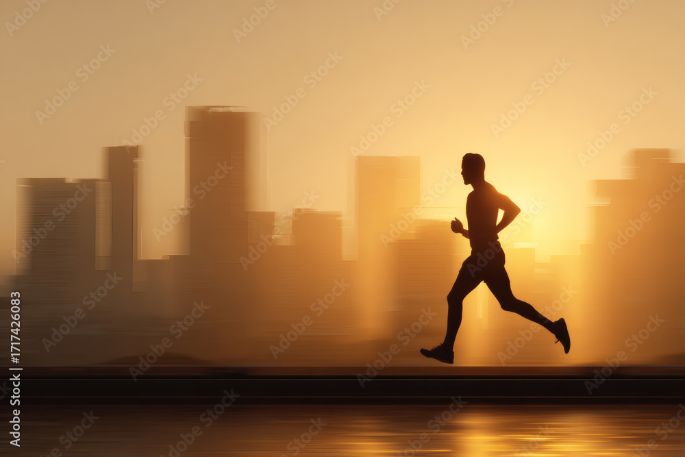 Fototapeta premium Marathon Runner Silhouette at Dawn with Urban Cityscape Background