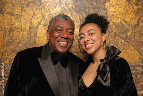 Two individuals, smiling warmly, pose together in front of a decorative golden wall, dressed in elegant black velvet attire, exuding a sophisticated and friendly atmosphere.