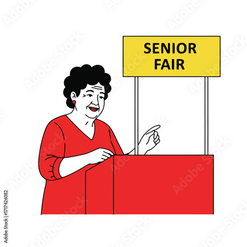 Vector art of senior woman at a senior fair booth