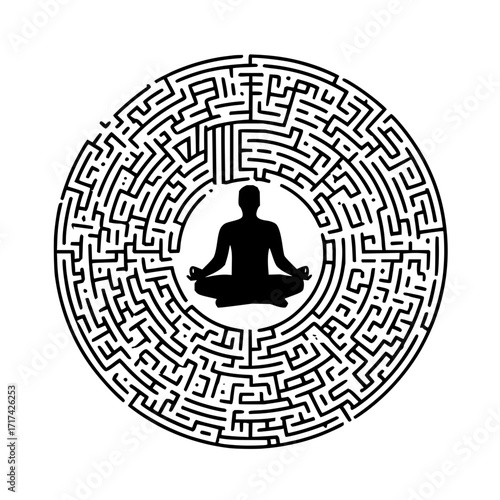 Silhouette of a person meditating inside a circular maze in black and white illustration style art