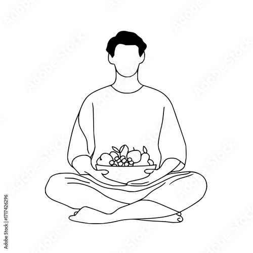 Person sitting in lotus position holding a bowl of fruit in a simple black and white line drawing