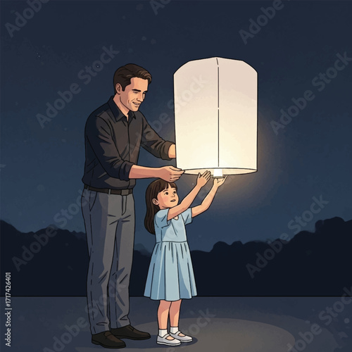 A father and daughter release a glowing lantern into the night sky, sharing a special moment together.
