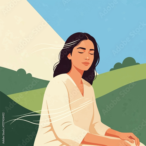 Peaceful woman sitting amidst a landscape, serene and contemplative.