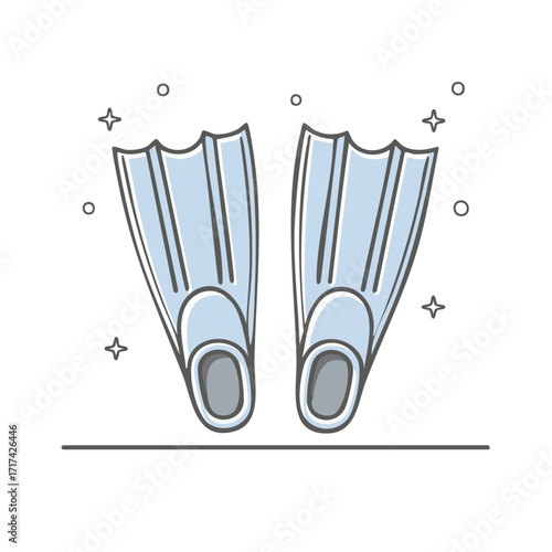 Illustration with a pair of flippers for swimming, snorkeling or diving on a gray line