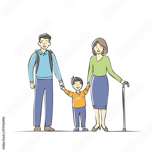 Three generation family illustration of a father son and grandmother walking and holding hands