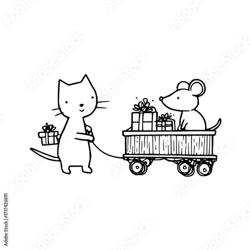 Cartoon cat pulling a wagon with a mouse and gifts in black and white line art illustration style