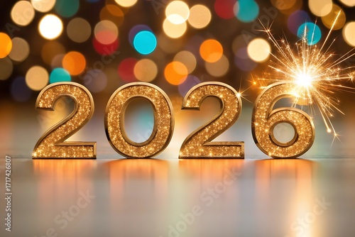 Sparkling Gold 2026 New Year's Eve Celebration: Festive Glitter Numbers and Bokeh Lights