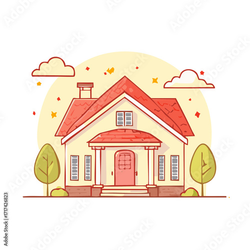 Illustration of detached home with roof, door and trees. Cartoon style.