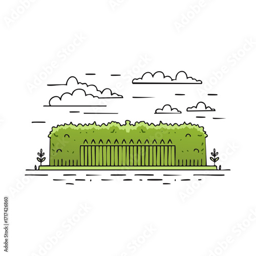 Outline of a hedgerow hiding a garden fence beneath soft clouds in the background