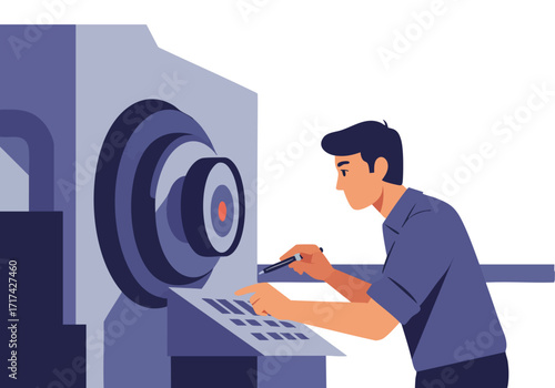 A focused worker inspects a CNC machine, reviewing data with a pen. Industrial setting, modern factory. Clear composition, professional.