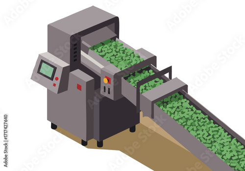 Isometric illustration of a pellet machine processing green pills. Modern, industrial design with a clear workflow. Suitable for tech, pharmaceutical, or health-related visuals.