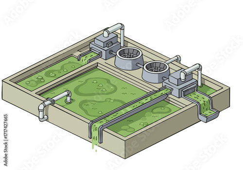 Isometric illustration of a smart harvest system with water flow and collection tanks. Clean, modern design, ideal for agricultural or sustainability concepts.