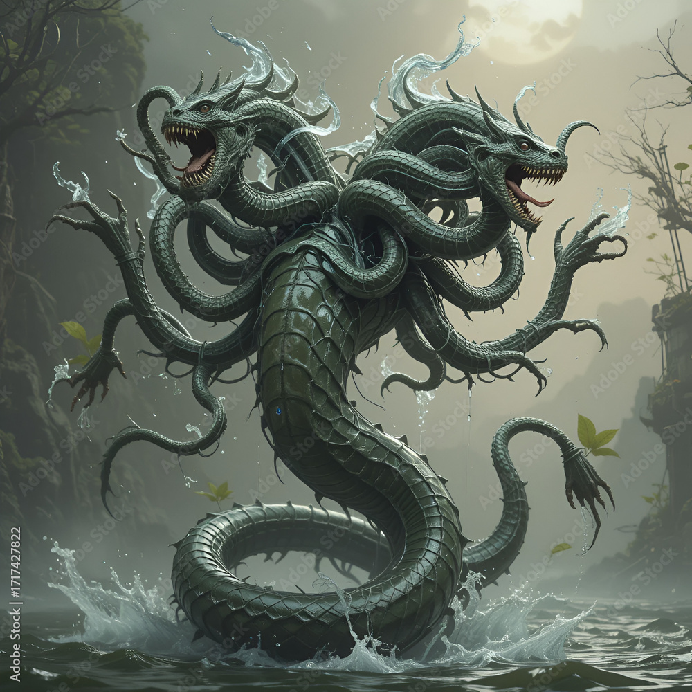 Obraz premium Hydra, a many-headed monster from ancient Greek mythology. When it loses a head, it grows two new ones. Water snake. Deadly breath and poisonous saliva. Lernaean Hydra or Hydra of Lerna.