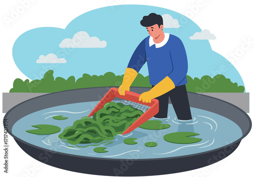 A man harvests water hyacinth in a circular pond. Eco-friendly technology in action. Vibrant green and blue tones create a refreshing, sustainable scene.