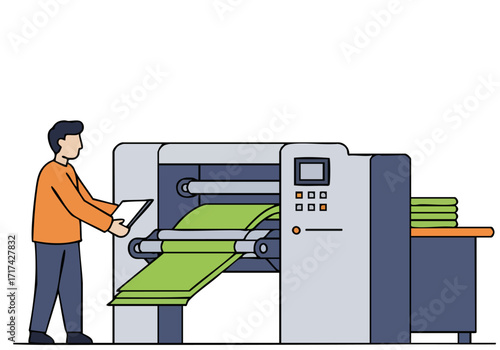 A man inspects printed material on a check machine. Clean, modern illustration with a focus on production and quality control. Suitable for business and technology themes.