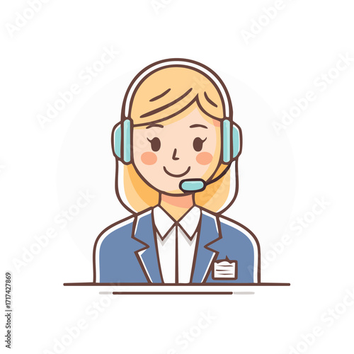 Smiling Woman with Headset Cute Cartoon Style Illustration