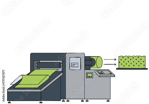 A modern bio-sheet printing machine processes a textured green fabric. Clean lines and a focused design highlight the manufacturing process. Suitable for technology and industrial themes.