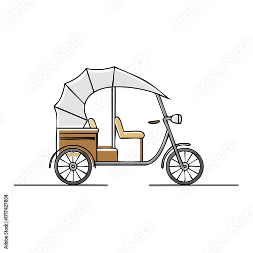 Illustration of a three-wheeled rickshaw with a canopy. Isolated transportation.
